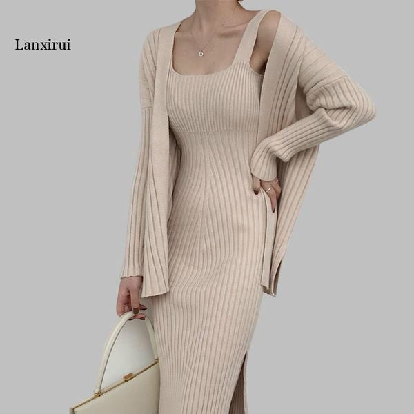 

women's tracksuits winter casual long sleeved cardigan + suspenders sweater vest dress two piece runway suit, Gray