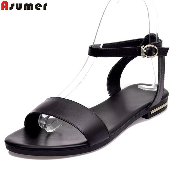 

asumer plus size 34-43 new genuine leather sandals women shoes ladies solid color flat summer beach shoes, Black