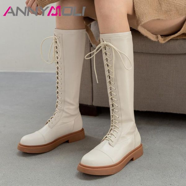 

ANNYMOLI Real Leather Flat Platform Knee High Boots Women Long Boots Shoes Round Toe Cross Tied Ladies Autumn Winter Black