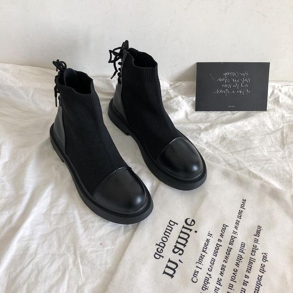 

martin boots women's studentselasticity small short boots tie-ba retro flat fashion lady shoes -40, Black