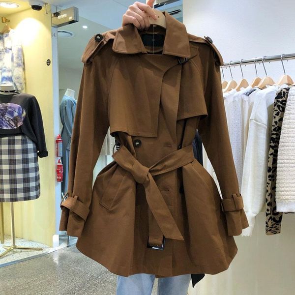 

women's trench coats [ewq] 2021 autumn female korean fashion long-sleeved turn down collar double breasted loose mid long windbreaker o, Tan;black