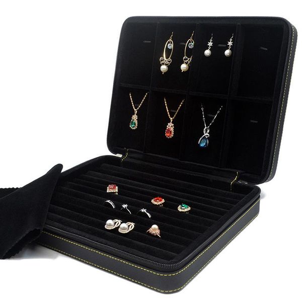 

makeup multifunctional pendant necklace square ring gift box travel portable leather jewelry case, Pink;blue