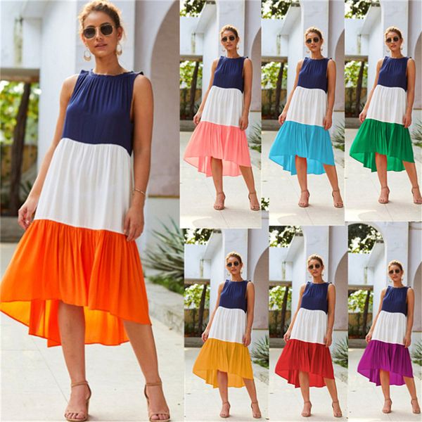 

2021 new summer street style around neck without sleeves sew knee length dress multicolored female eyn3, Black;gray