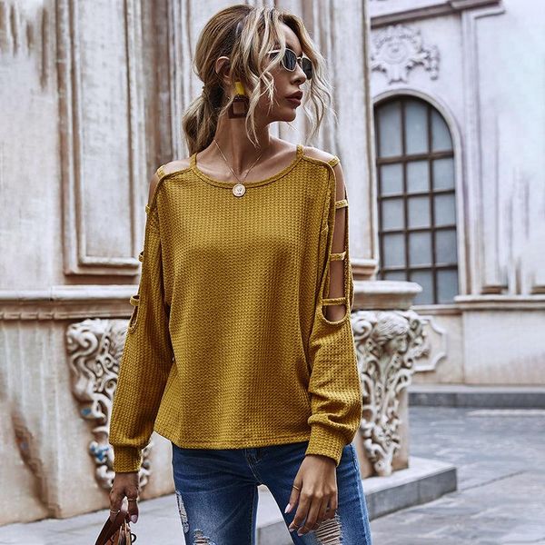 

origional design 2020 autumn and winter new style solid color crew neck sweater hollow out long sleeve loose casual, White