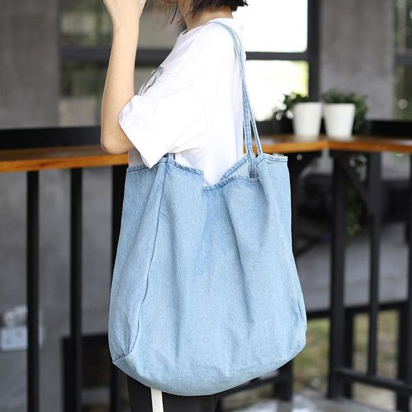 

simple large capacity canvas bag wild casual retro solid color shoulder bag fashion washed denim handbag