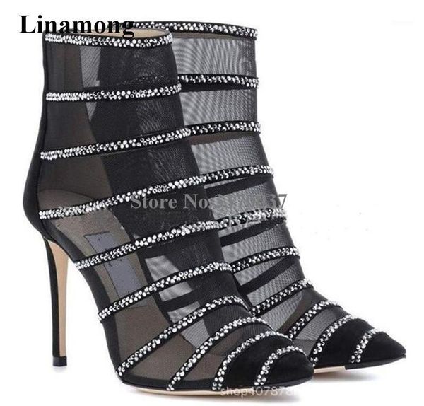 

women charming bling bling black suede leather mesh rhinestone short boots back zipper-up crystal thin high heel ankle booties1