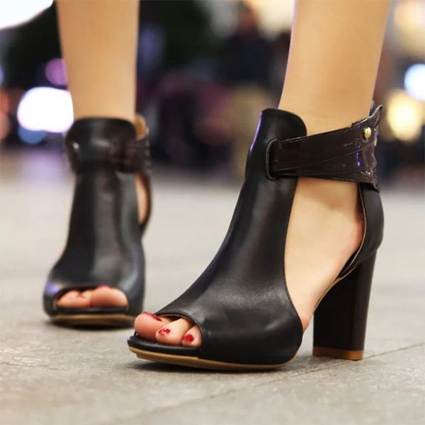

new 2020 women sandals high heeled gladiator buckle sandals peep toe women summer shoes zapatos mujer size 34-43, Black