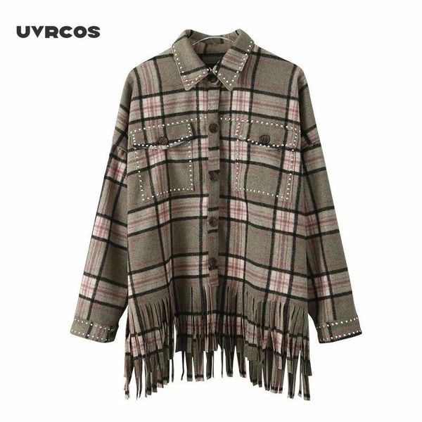 

uvrcos vintage chic green plaid tassel shirt jacket women fashion rivet pockets single breasted lapel collar coat outerwear, Black;brown