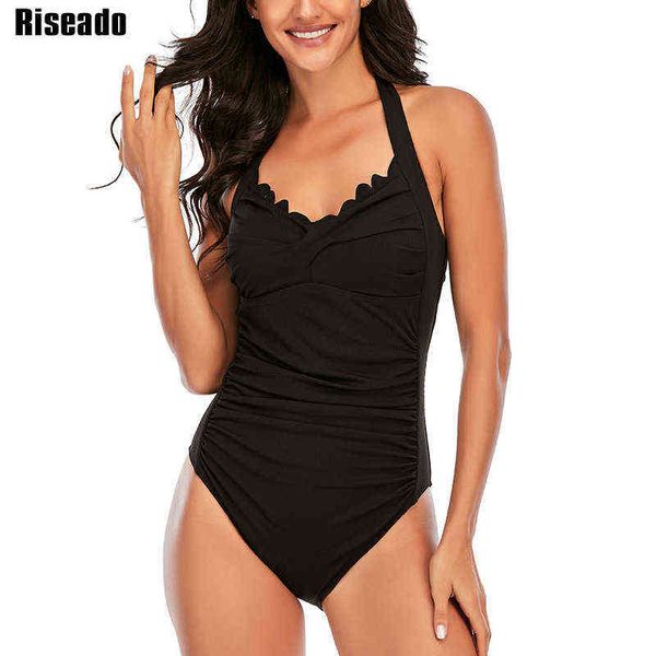

riseado ribbed women's swimsuits one piece halter bodysuit swimwear new scalloped bathing suit women ruched beachwear, White;black