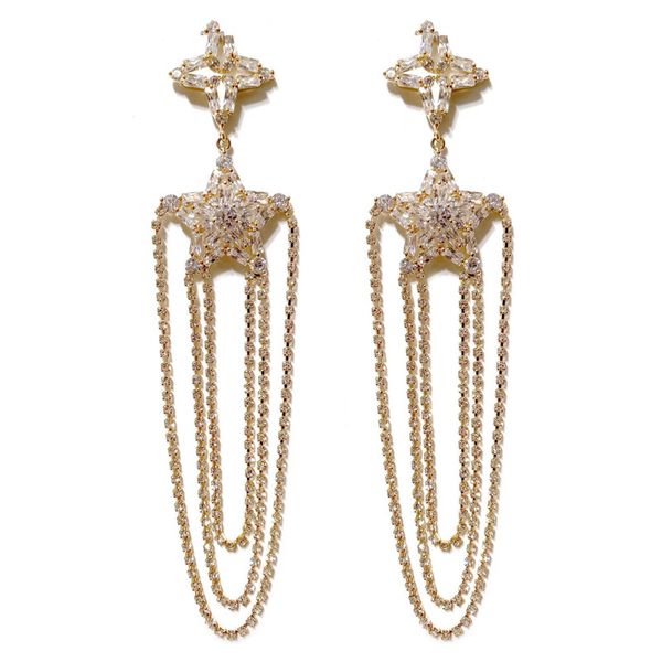 

Shinning Crystal Star Tassel Earrings For Lady Romantic Wedding Jewelry 18K Gold Plated Long Dangle Chandelier Women 925 Silver Earrings