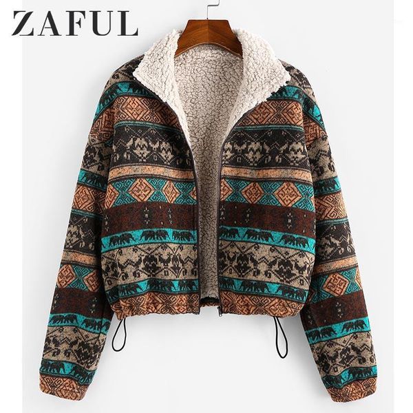 

zaful tribal print plaid faux fur lined jacket women high waist hoodies sweatshirts autumn spring vintage warm coats outwear1, Black