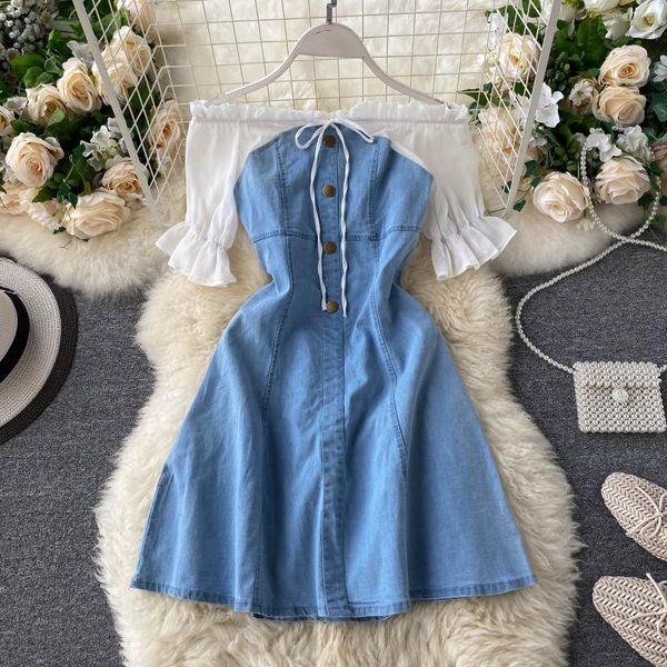 

2021 new very fairy dress female new sweet wood ears word collar strapless stitching retro denim vjob, Black;gray