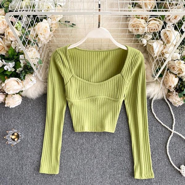 

new spring autumn crop women square collar long sleeve short t-shirt female knitted slim fit elastic basic tee 1, White