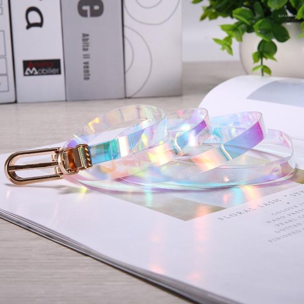 

new women's strap transparent pvc belt fashion rainbow women strap gold pin buckle waist street trendy belts jeans belt1, Black;brown