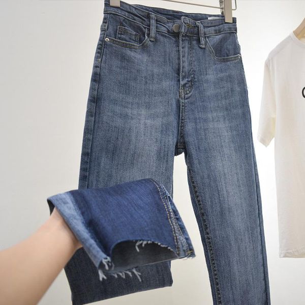 

contrasting color american-style fashionable jeans 2020 spring high-waisted stretch tight-fit slimming ankle-length skinny strai1, Blue