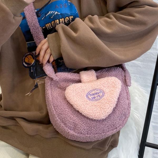 

pink faux fur small soft crossbody bags for women 2020 winter trend hand bag women's luxury warm shoulder handbags