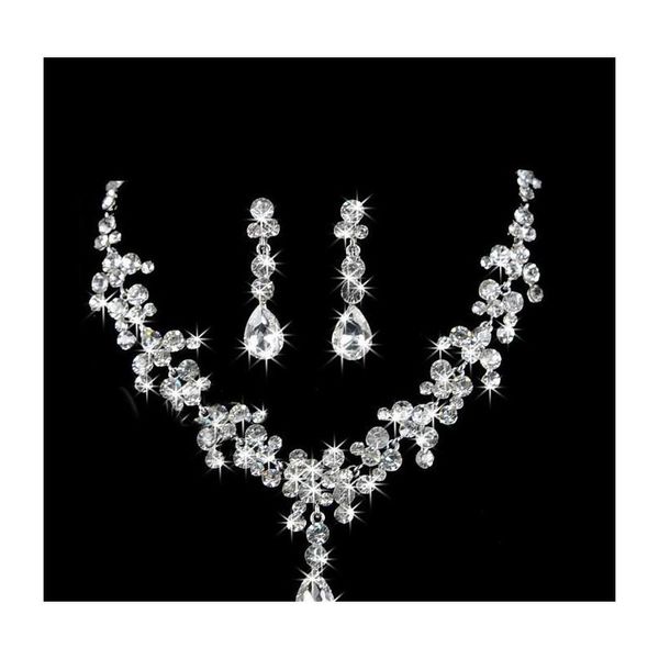 

elegant bridal wedding jewelry set waterdrop women girls prom rhinestone crystal necklace and earring set for party qwmxk, Silver