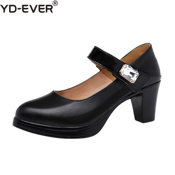 

women leather shoes autumn pointed toe platform female pumps casual square high heels ladies single shoes plus size, Black
