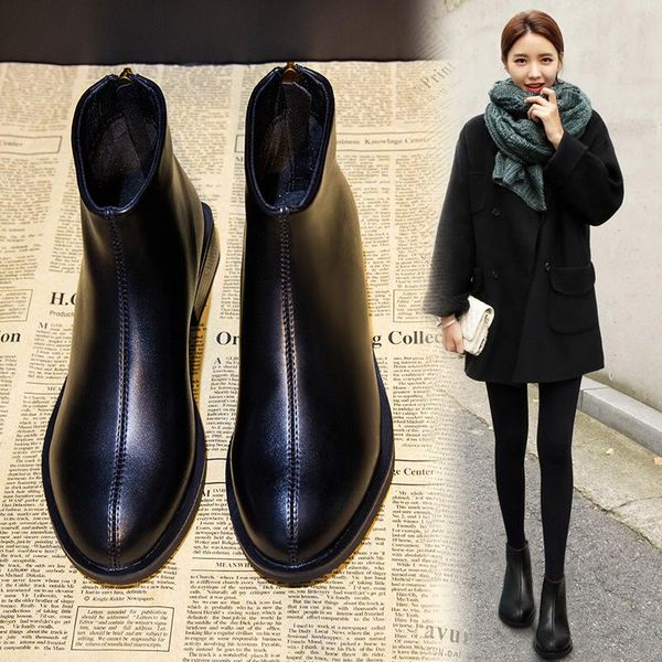 

boots 2021 ankle for women flat zipper autumn shoes leather, Black