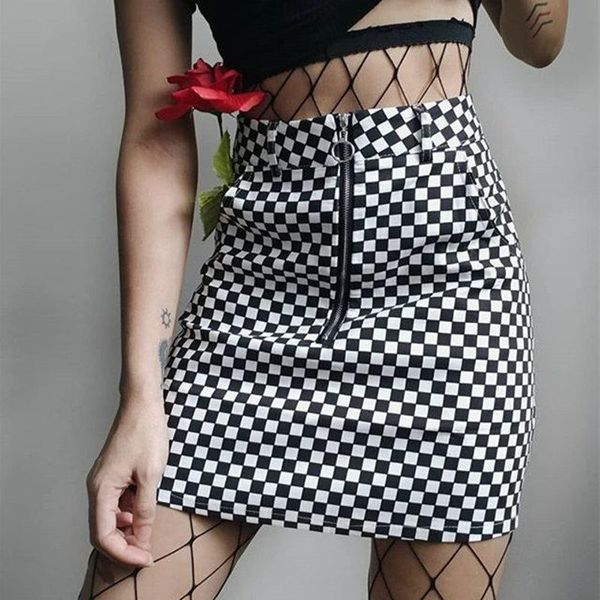 

checkerboard high waist skirt summer a-line mini skirt zipper pockets checkered harajuku skirts womens short bottom saia, Black