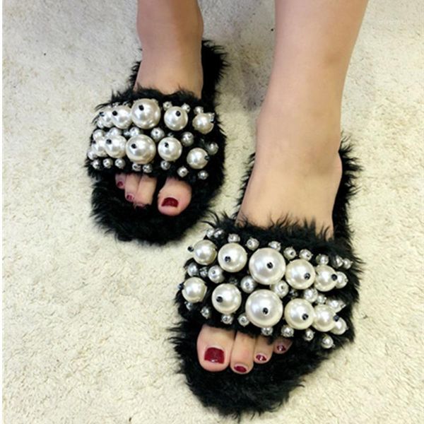 

slippers winter women furry slip on luxury fur warm slides pearl beads flip flops flats female comfortable mules shoes1, Black