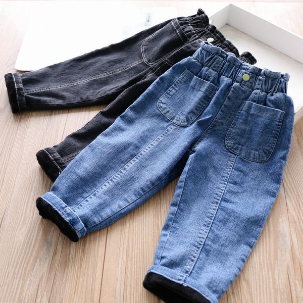 

girls' pants with velvet front double-pocket jeans for autumn and winter, Blue