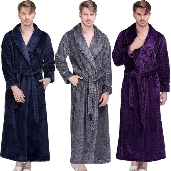 

men winter extra long thick warm grid flannel bathrobe mens luxury kimono bath robe women robes male thermal dressing gown 201111, Black;brown
