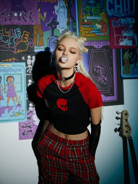 

romwe skull graphic colorblock ribbed tee p1qw#, White