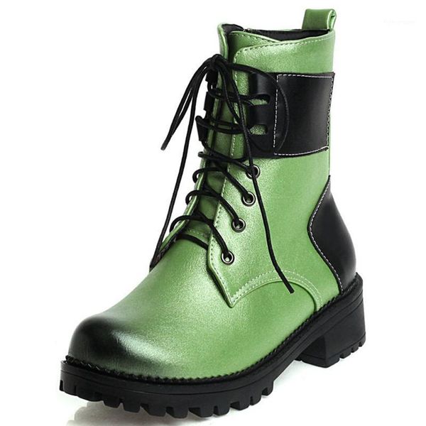 

boots bonjomarisa retro flock female round toe lace up mid calf med heel solid women 2021 platform leisure shoes woman1, Black