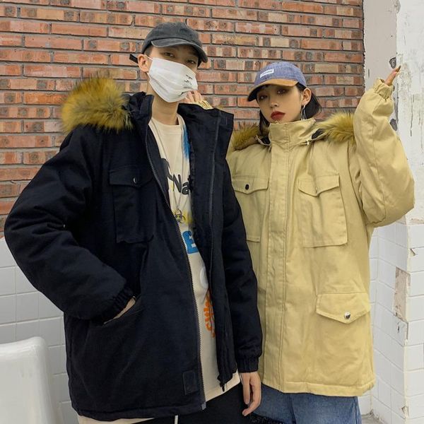 

winter cotton wool collar hooded coat men parka warm fashion casual thick jacket mens clothes streetwear loose couple coat, Black