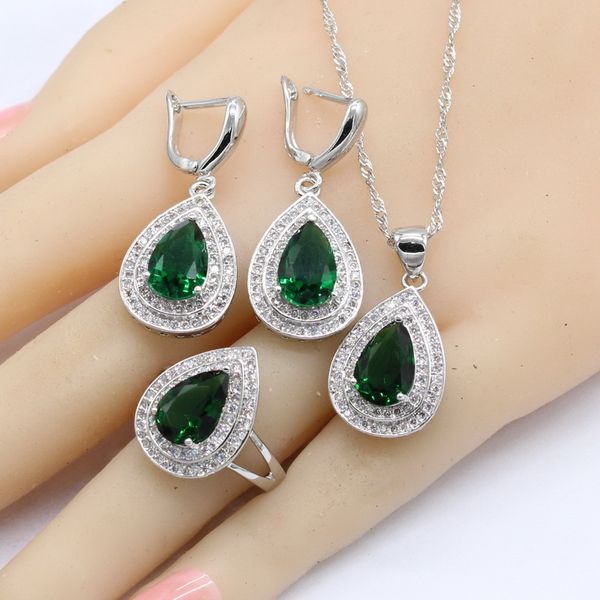 

925 silver jewelry sets for women green emerald bracelet earrings necklace pendant rings wedding brithday gift