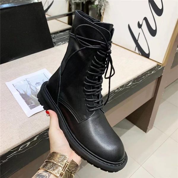 

women boots lace up genuine leather solid color ankle female boot flat autumn winter round toe, Black