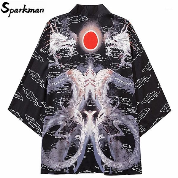 

japanese kimono jacket double dragons harajuku 2020 hip hop men japan streetwear jacket summer thin clothing loose kimono1, Black;brown