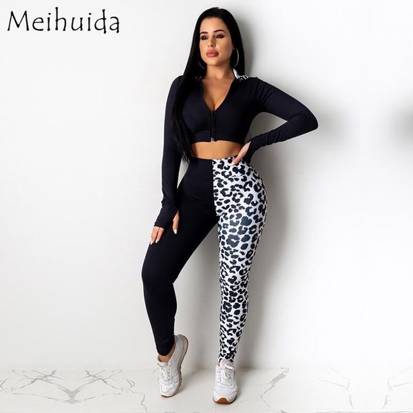 

autumn winter women tracksuit 2pcs leopard print v-neck long-sleeve crop hoodie splicing high-waist stretch pants for ladies, Gray