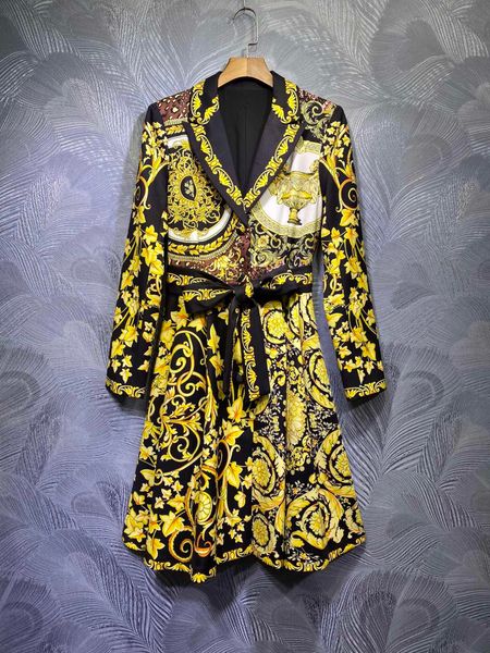 

european-style tailored dress with black contrast yellow print tie bow tie dress with collar and long sleeves, Black;pink