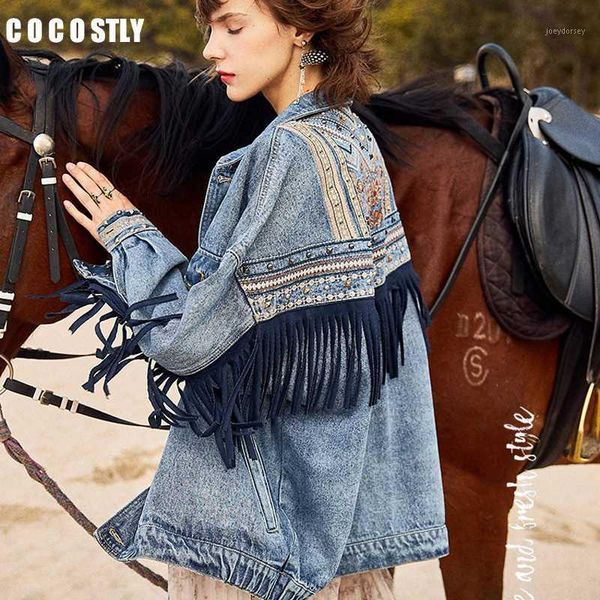 

denim women jacket new spring vintage floral embroidery suede fringe loose coat long sleeve outerwear female boho jacket1, Black;brown