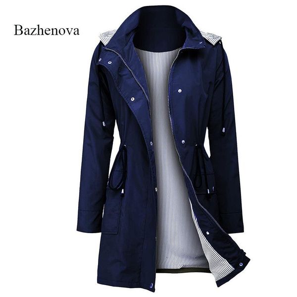 

bazhenova women hooded outdoor waterproof coat woman casual drawstring waist coats girls all-match windbreaker r237, Tan;black