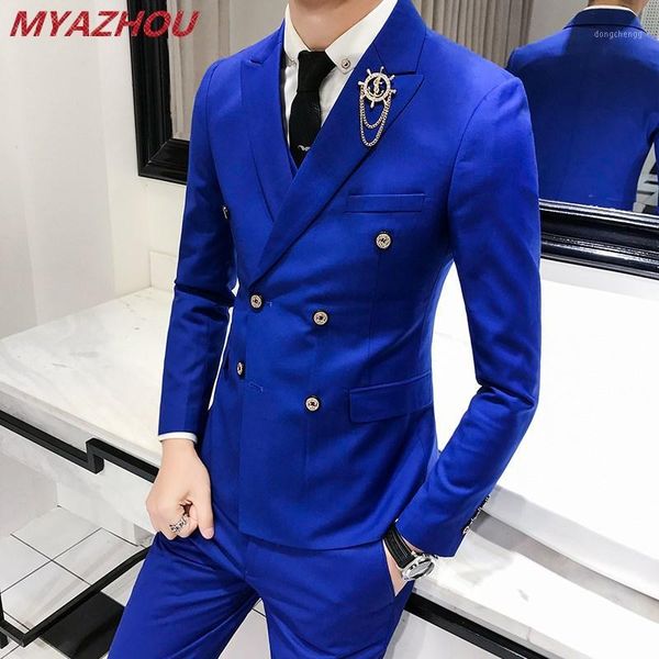 

luxury royal men's suit 3 sets fashion boutique double-breasted solid color wedding dress new slim business banquet formal dress1, White;black
