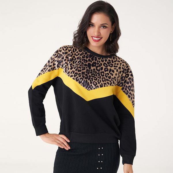 

women's hoodies & sweatshirts style loose leopard pattern stitching round collar pullover women fleece, Black