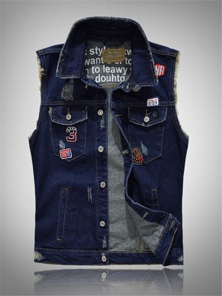 

2021 new yelek erkek men's patches design ripped waistcoat men denim man sleeveless jeans vest frayed size 4xl v00y, Black;white