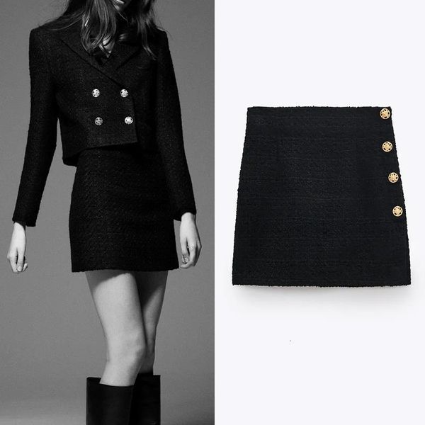 

black mini skirts women za 2020 autumn winter vintage metal button high waist a-line skirt fashion office ladies skirts