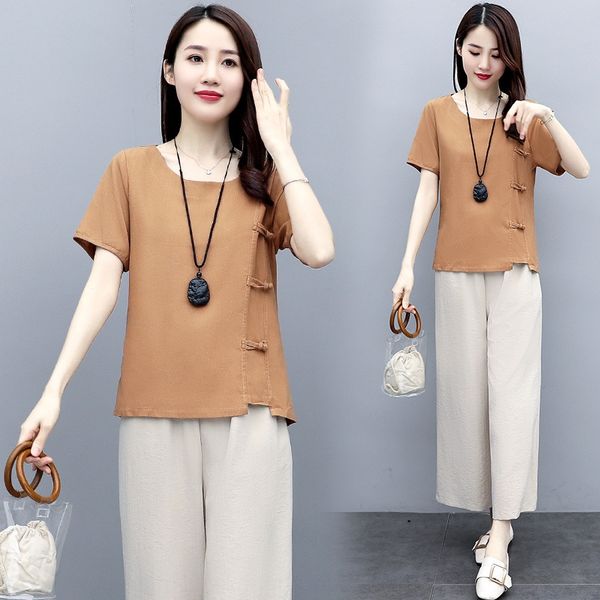 

and hemp suit women's 2020 new summer literature and art wide leg pants cotton linen cotton linenleisure fashion foreign style linen wi, Gray
