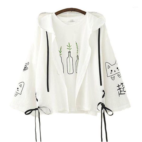 

summer women cotton thin jacket ladies spring coat long sleeve plus size jacket lovely cat thin hooded windbreaker female coat1, Black;brown