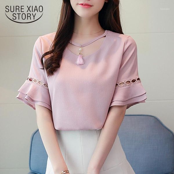 

2018 new fashion women summer women blouse shirt short sleeved blouses solid elegant style chiffon shirts 0454 401, White