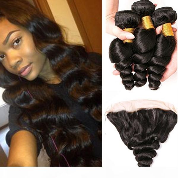 

lace frontal closure with bundles human hair with closure peruvian loose wave with frontal closure loose wave frontal 13x4, Black;brown