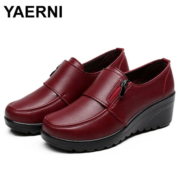 

yaerni 2019spring autumn women's fashion pumps shoes woman genuine leather wedge single casual shoes mother high heels shoese887 c0202, Black
