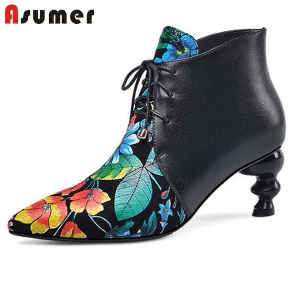 

asumer 2021 new arrival genuine leather shoes women ankle boots print pointed toe lace up unique fashion party prom shoes woman, Black