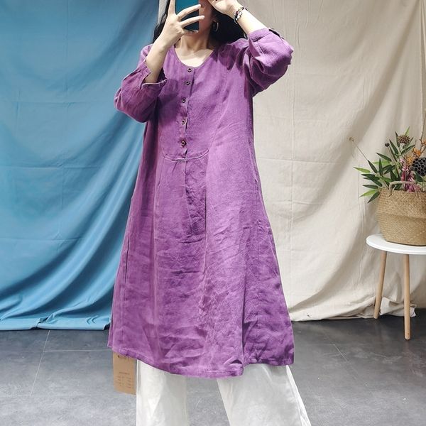 

7td5e new autumn 2020 art color flax dress skirt long skirtloose medium length skirt solid versatile long sleeve dress woman 3cret, Black;gray