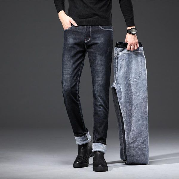 

men's jeans biker jean winter warm thicken fleece lined velvet pantalones plus size 36 stretch skinny mens, Blue