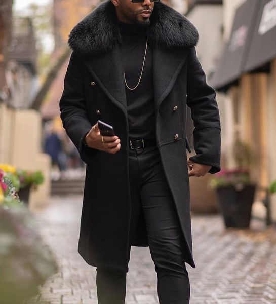 

men plus size -4xl wool trench coat faux fur collar fashion winter business long thick slim fit lapel neck overcoat jacket parka mens appar, Tan;black